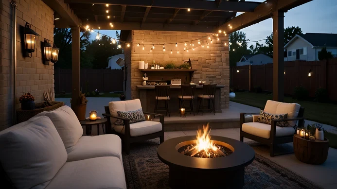 Cozy outdoor patio with fire pit, string lights, comfortable seating, and covered pergola at dusk