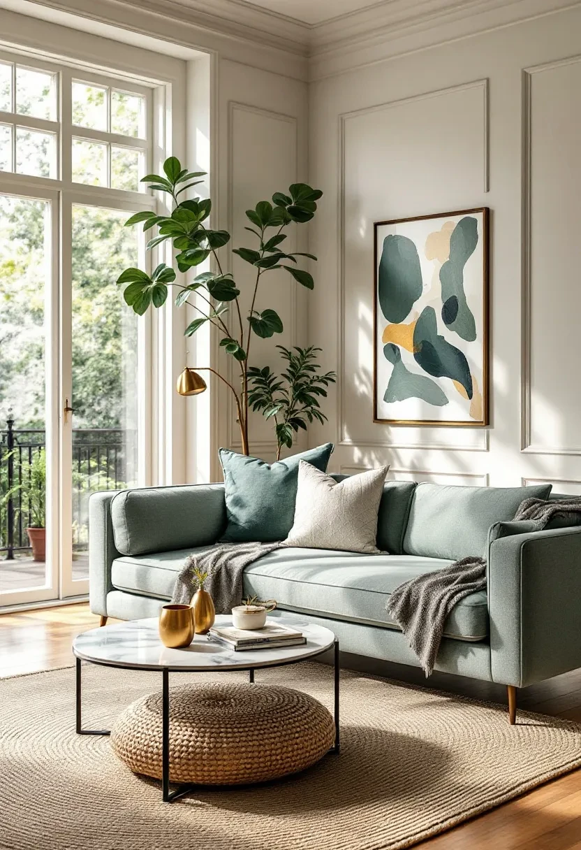 Modern living room with sage green sofa, round wood coffee table, fiddle leaf fig tree, and natural light