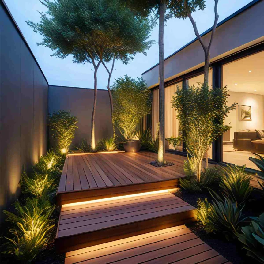 Modern wooden deck patio with uplighting on plants and trees, LED strip lights on steps, and contemporary architecture at ...
