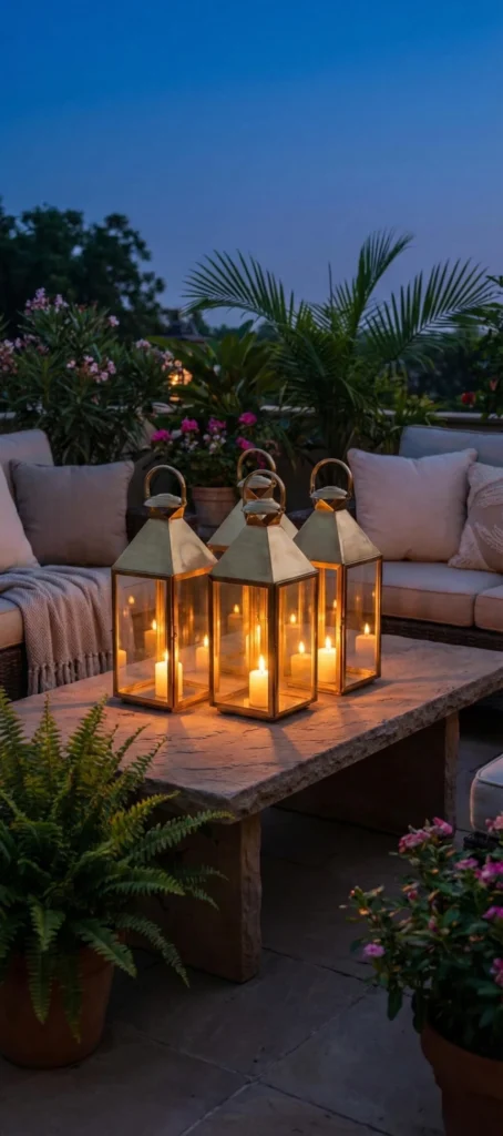 Three glowing lanterns with candles on rustic wooden table surrounded by white patio furniture and tropical plants at dusk
