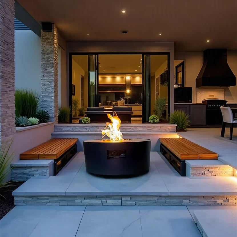 Modern patio with fire pit, wooden benches, ambient lighting, and open glass doors leading to contemporary kitchen