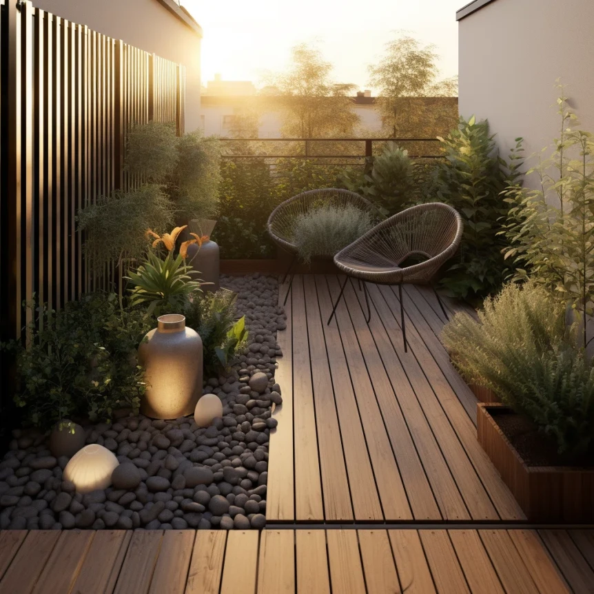 Modern patio with wooden deck, dark pebbles, vertical slat fence, potted plants, and woven chairs at sunset