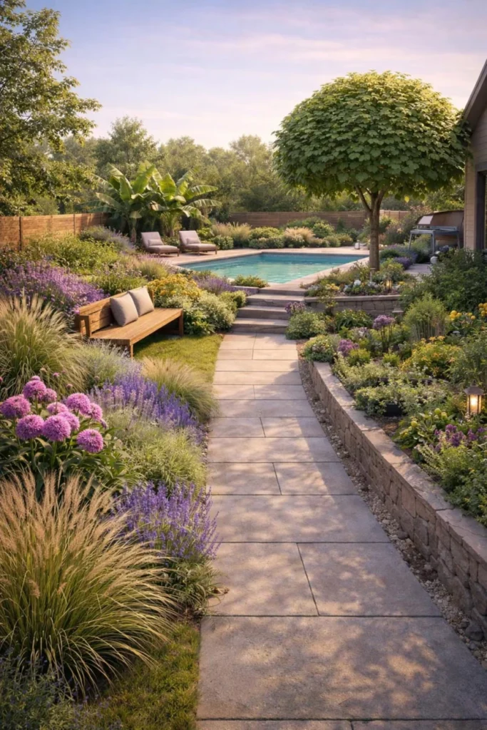 Landscaped backyard patio with stone pathway, purple flowering plants, wooden bench, and swimming pool surrounded by lush ...