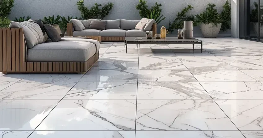 Modern outdoor patio with marble tile flooring, wooden sofas with gray cushions, and minimalist decor