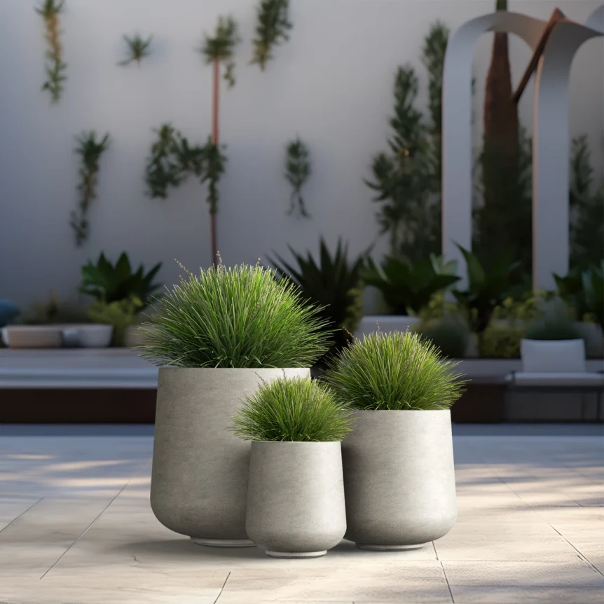 Three modern concrete planters with ornamental grass arranged on patio pavers in contemporary outdoor space