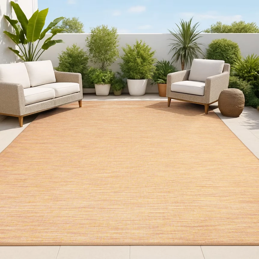 Natural bamboo outdoor rug on modern patio with wicker furniture, white cushions, and potted plants against wall