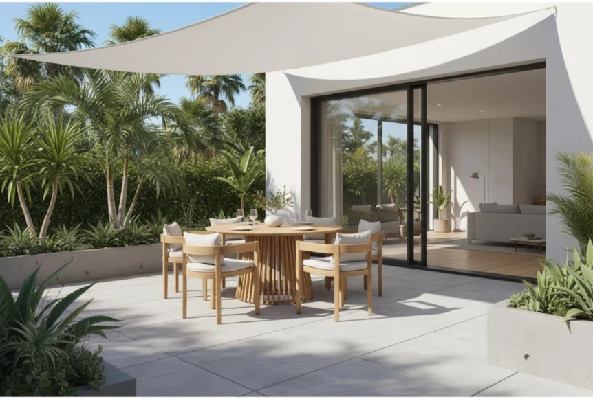 Modern outdoor dining area with wooden furniture, tropical plants, and white sail shade on contemporary patio