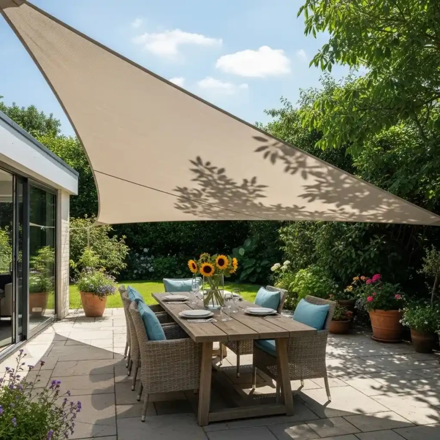 Patio dining area with triangular shade sail, wooden table, wicker chairs, and lush garden surroundings