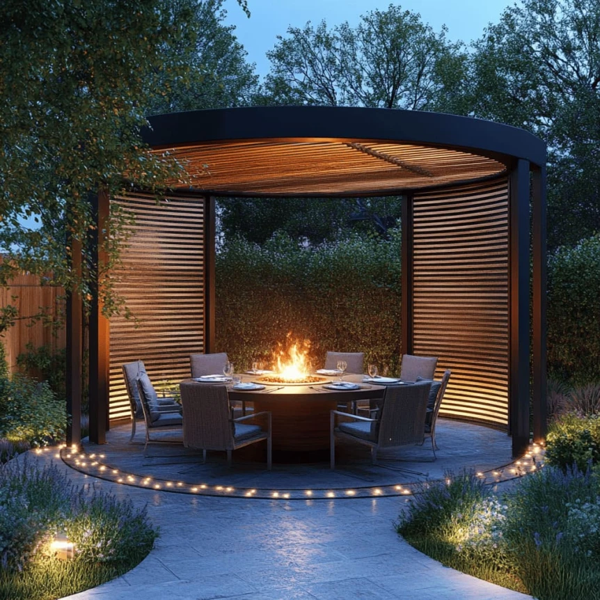 Modern outdoor dining gazebo with fire pit table, wooden slat walls, integrated lighting, and curved pathway at dusk