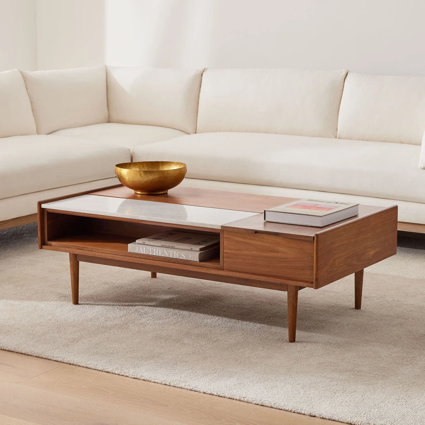 Mid-century modern wooden coffee table with storage drawer and open shelf in contemporary living room