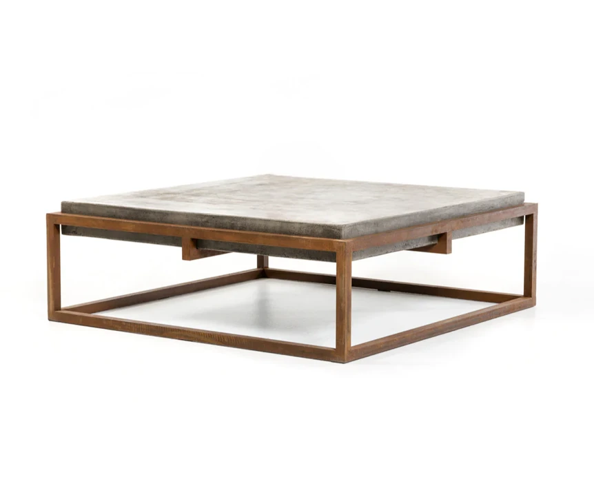 Modern concrete top coffee table with walnut wood base frame on white background