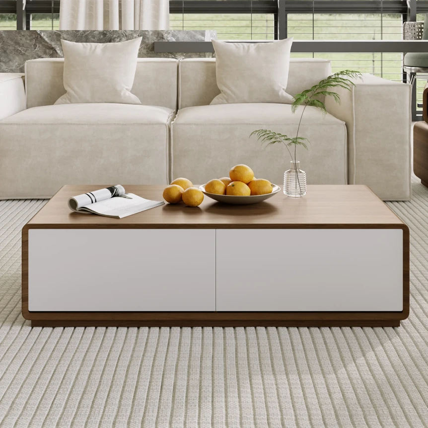 Modern white and wood coffee table with storage drawers in contemporary living room with beige sofa