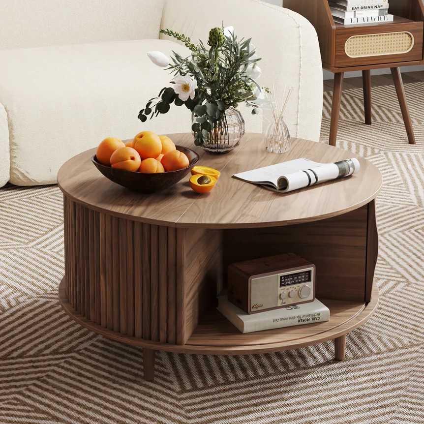 Modern fluted wood coffee table with storage shelf, styled with fruit bowl and flowers on geometric rug