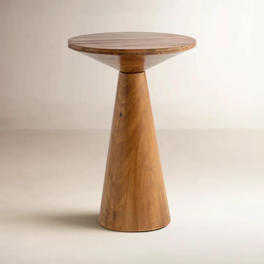 Round wooden side table with tapered pedestal base and natural wood grain finish