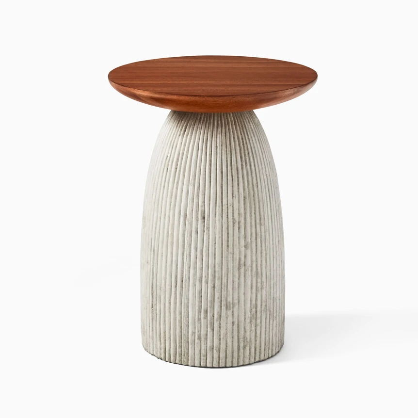 Modern side table with walnut wood top and white ribbed ceramic base for living room decor