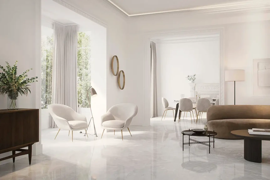 Bright minimalist living room with white furniture, neutral tones, and natural light showcasing modern color palette