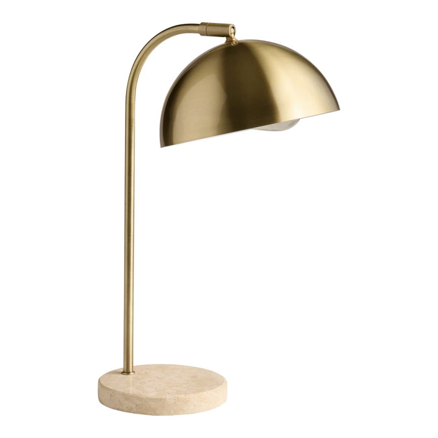 Gold arc table lamp with dome shade and marble base for modern living room decor