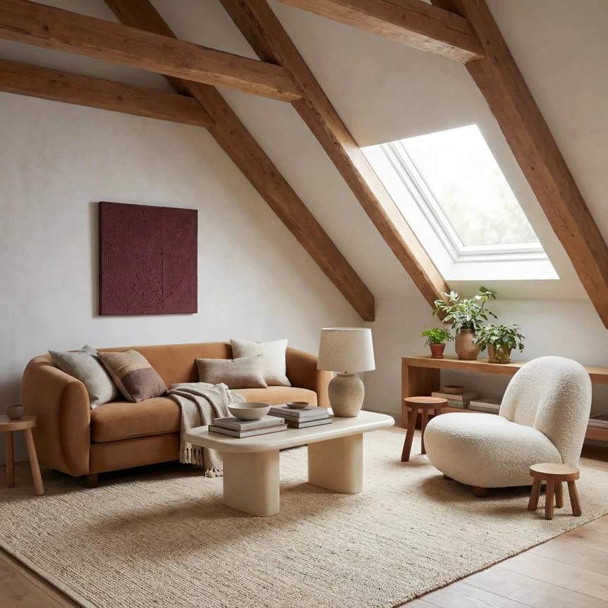 Modern attic living room with exposed beams, neutral area rug, tan sofa, and minimalist furniture under skylight