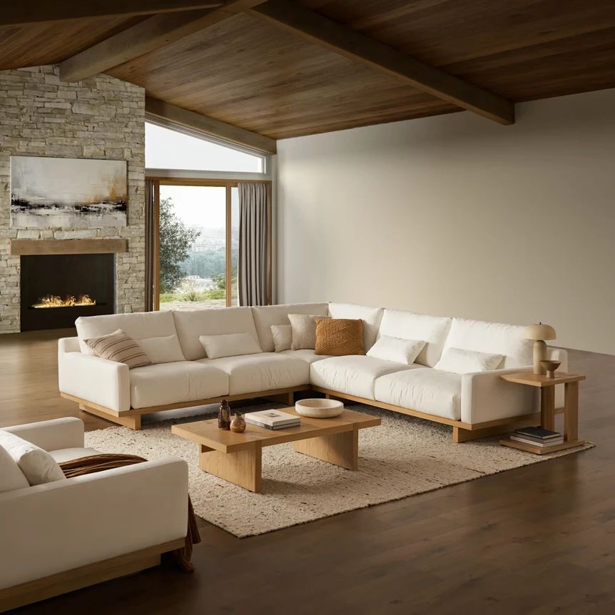 Modern beige sofa set with wooden coffee table in minimalist living room featuring fireplace and natural light
