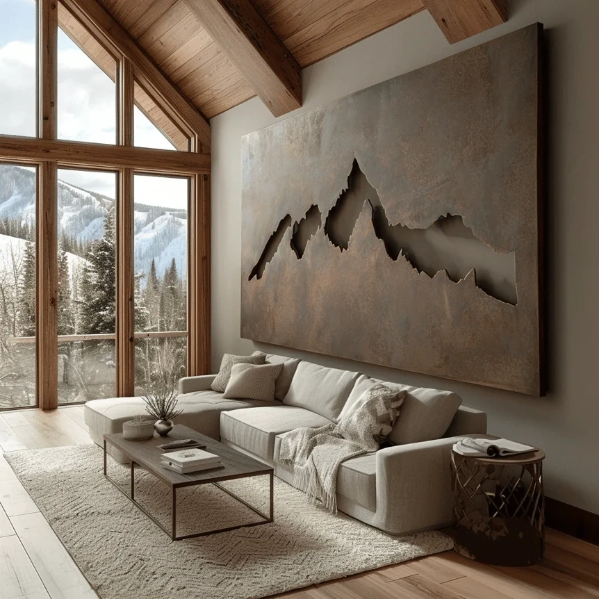 Modern living room with mountain wall art, neutral furniture, and floor-to-ceiling windows in rustic cabin