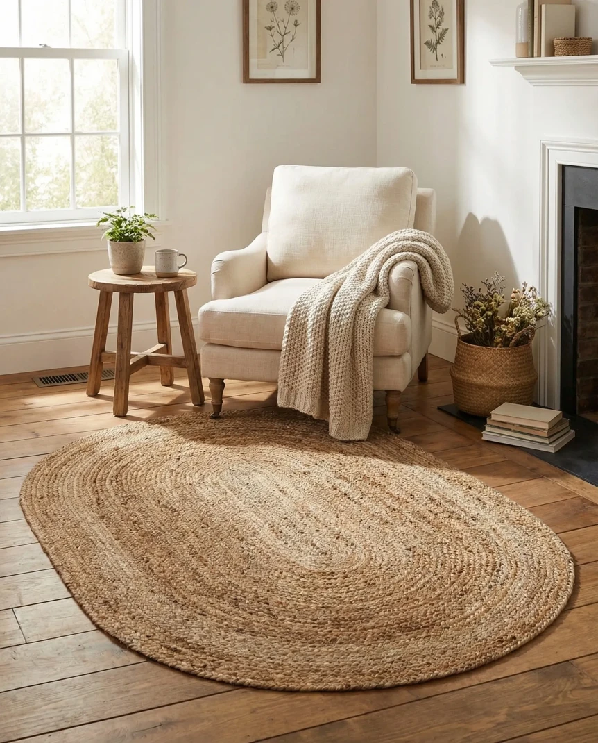 Oval jute area rug in modern living room with cream chair, wooden stool, and natural light from window