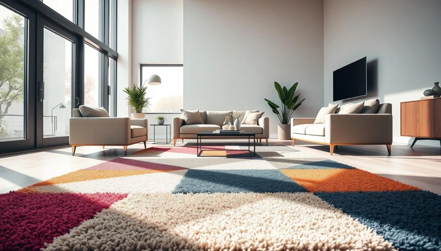Modern living room with colorful geometric area rug, contemporary furniture, and natural light from large windows