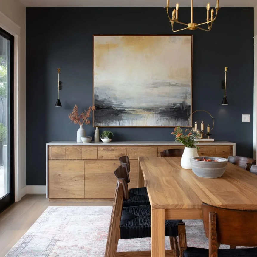 Modern dining room with dark navy walls, wood table and credenza, abstract art, and brass lighting fixtures
