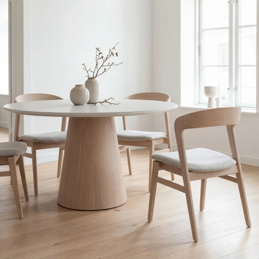 Modern minimalist dining room with round wooden pedestal table and curved neutral chairs in bright white space