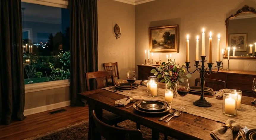 Warm dining room with candlelit table, wooden furniture, and beige walls creating an inviting evening ambiance