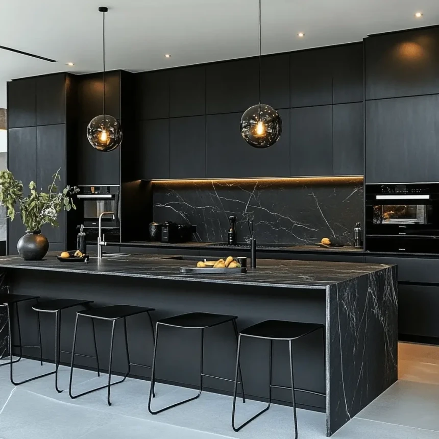 Modern black kitchen with marble island, gold accents, pendant lighting, and sleek minimalist cabinetry