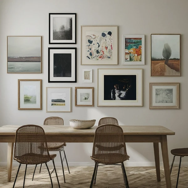 Gallery wall above wooden dining table with modern chairs featuring mixed artwork in neutral tones and varied frame styles