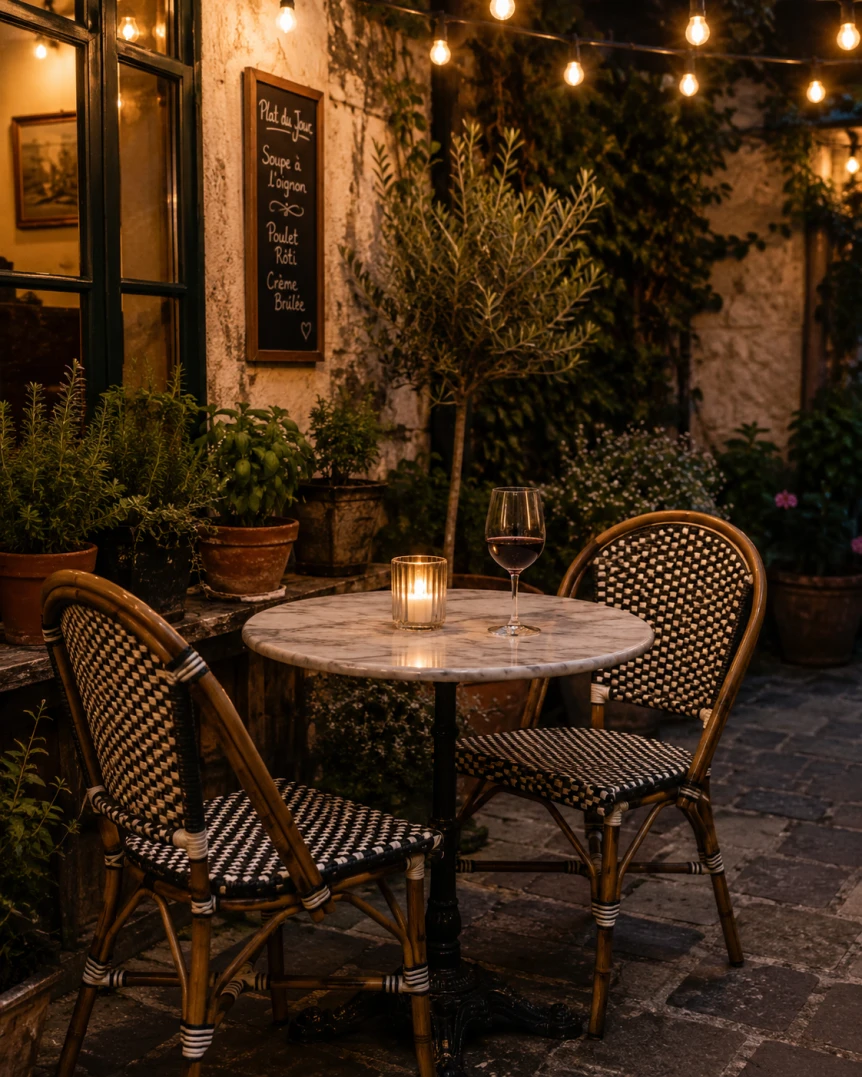 Cozy outdoor patio with bistro table, wicker chairs, string lights, and potted plants at twilight