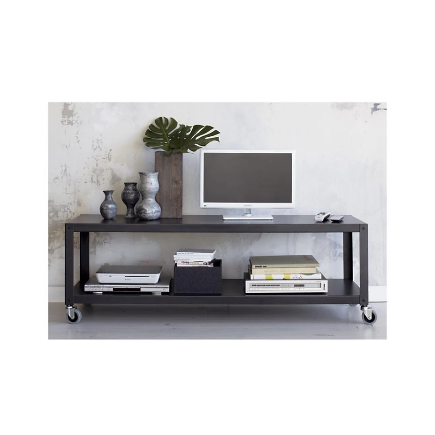 Modern black metal TV stand with wheels featuring open shelving for media storage and contemporary home decor