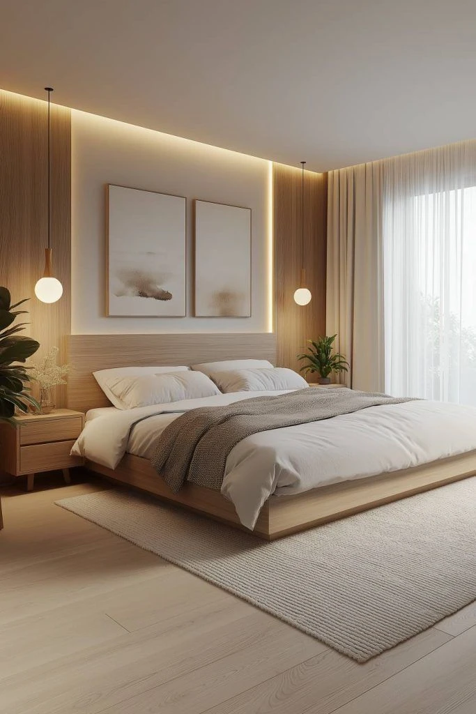 Modern bedroom with warm LED lighting, neutral tones, minimalist furniture, and layered textiles creating serene ambiance
