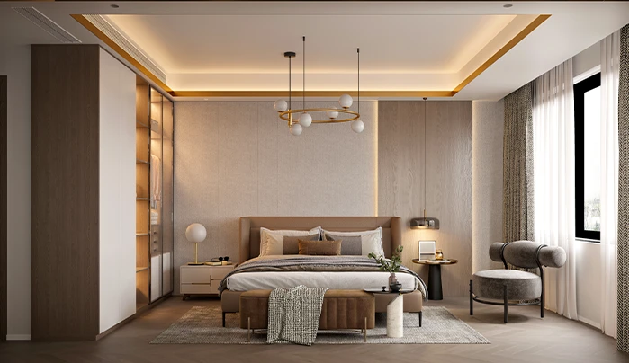 Modern bedroom with tray ceiling, neutral tones, platform bed, and minimalist furniture showcasing contemporary interior d...