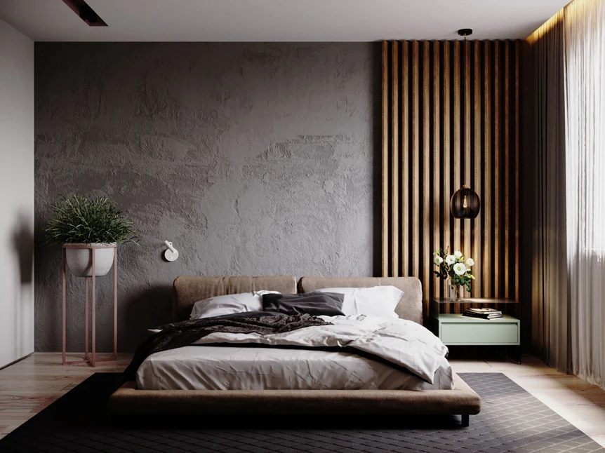 Modern bedroom with concrete wall, wooden slat accent, platform bed, and minimalist decor in neutral tones