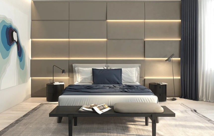 Modern bedroom with geometric wall panels, platform bed, warm LED lighting, and minimalist neutral decor