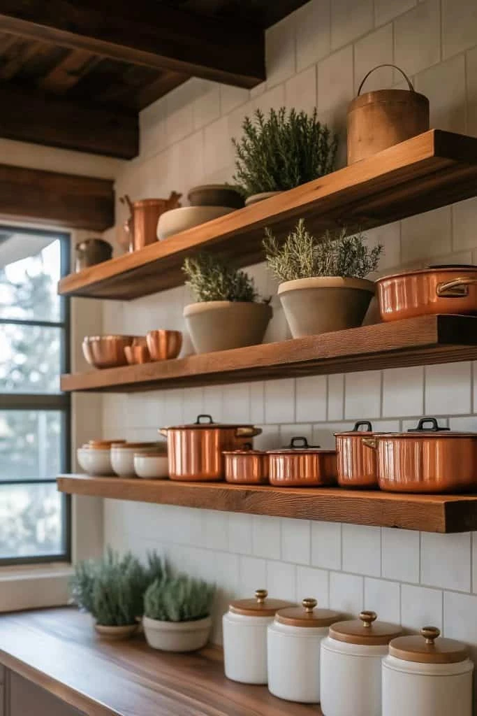 open wooden shelves in a modern kitchen holding white ceramics, glassware, and small potted herbs