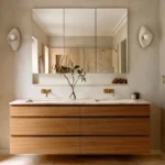Modern bathroom with floating wooden vanity ceramic sconces and natural terracotta tile floor