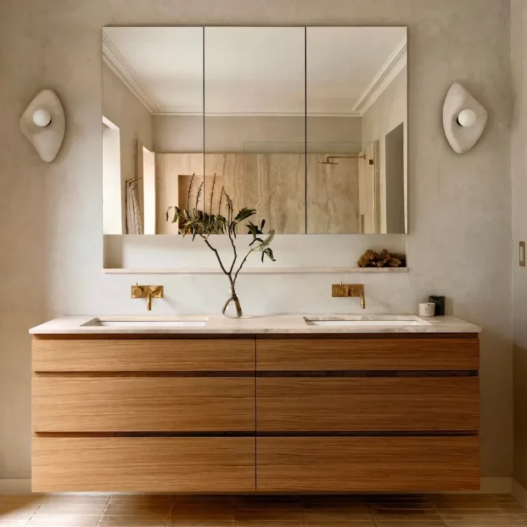 Modern bathroom with floating wooden vanity ceramic sconces and natural terracotta tile floor