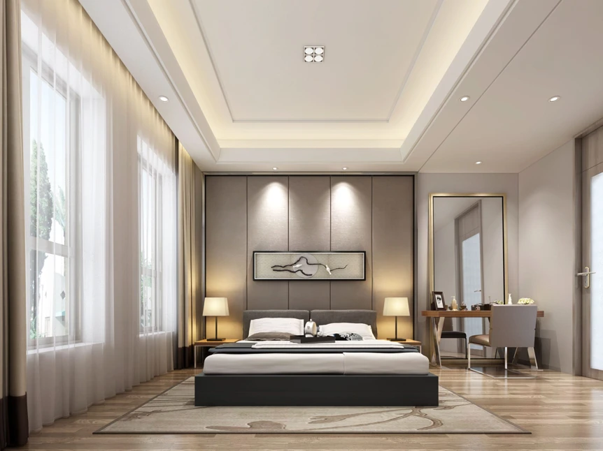 Modern luxury bedroom with tray ceiling, large windows, neutral tones, and elegant furniture arrangement