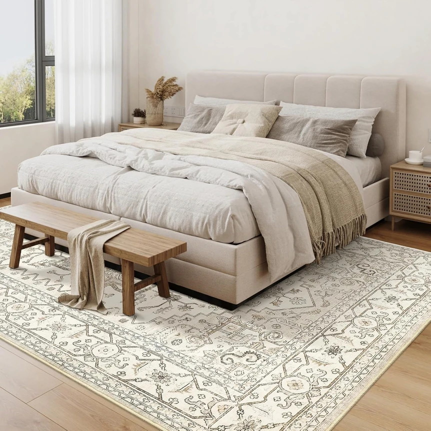 Modern neutral bedroom with beige upholstered bed, layered bedding, wooden benches, and patterned area rug