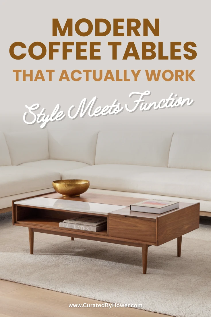 Modern walnut coffee table with tapered legs and storage shelf in minimalist living room