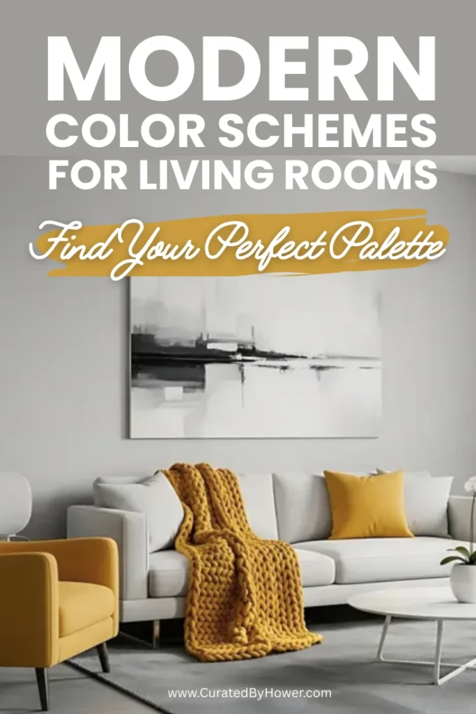 Modern living room with mustard yellow accents, gray sofa, and abstract art showing contemporary color scheme design