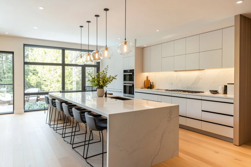 Modern island kitchen design with quartz countertop and pendant lighting img