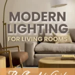 Modern arc floor lamp with white shade in contemporary living room with neutral beige sofa and decor