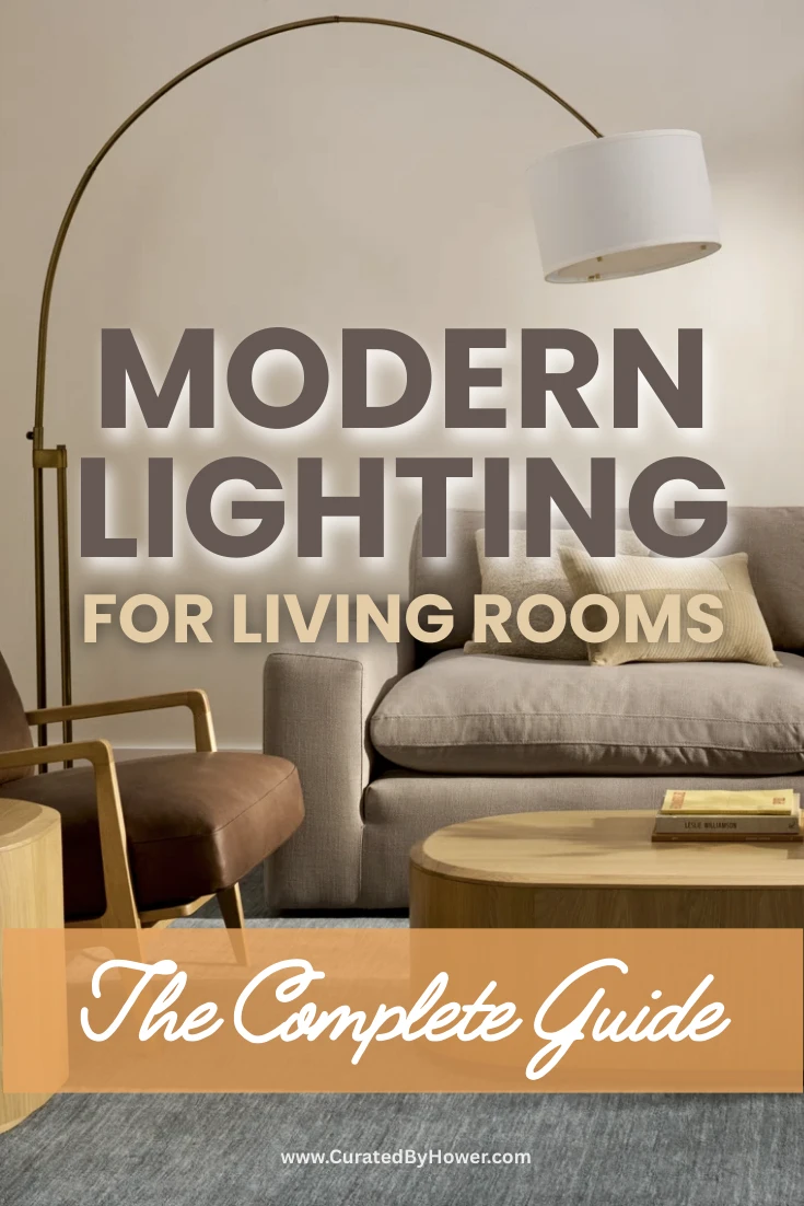 Modern arc floor lamp with white shade in contemporary living room with neutral beige sofa and decor