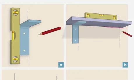 close-up of a floating shelf bracket being installed into wall studs with a level visible