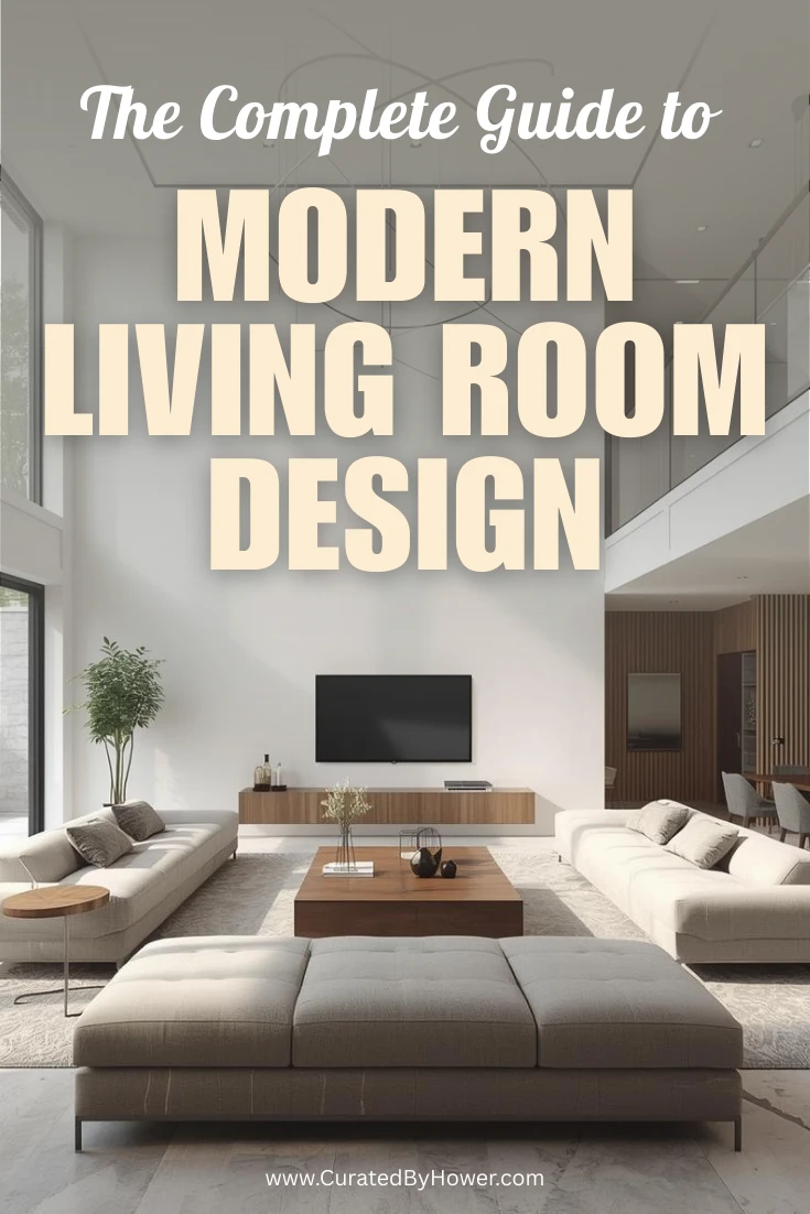 Modern living room with neutral sectional sofa, wall-mounted TV, and minimalist decor guide overlay