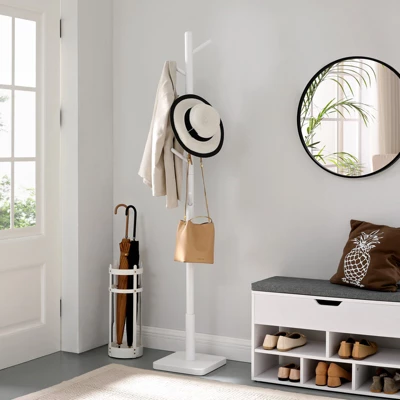 VASAGLE white solid wood coat rack in modern entryway with hat, bag, umbrella stand and shoe storage bench